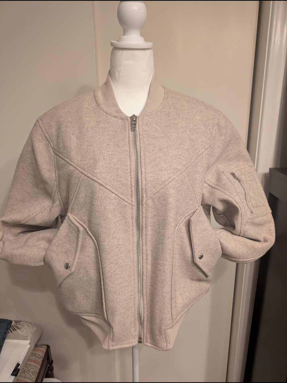 Blank NYC Beige Wool-Blend Bomber Jacket with Zip